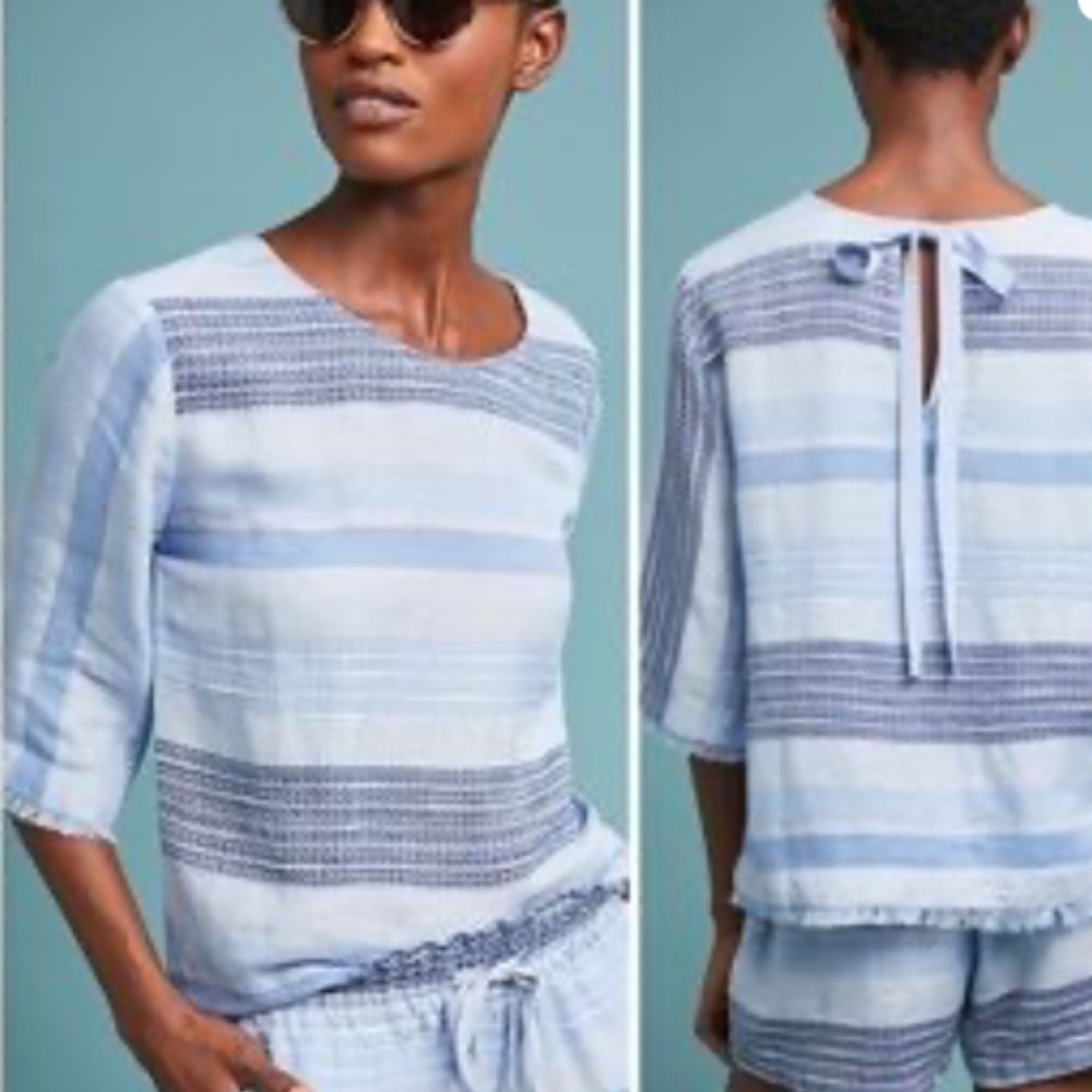 Anthropologie Cloth and Stone Striped Blue Chambray Tie Back Shirt SZ S